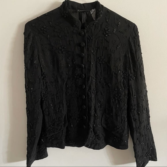 Liz Claiborne black silk beaded jacket with mandarin collar - Picture 2 of 10